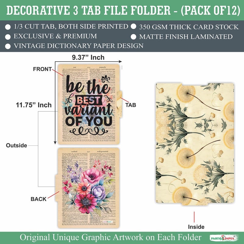 PARTH IMPEX 12 Pack Decorative File Folders, 1/3 Cut Tab with Assorted Positions, Letter Size Paper Holders (9.37” x 11.75”) Matte Finish Laminated for Office School Work - Motivational Quotes Design - Image 2